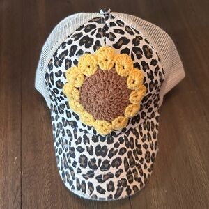 Crochet Sunflower Leopard Baseball Hat; Handmade Flower Animal Print Hat